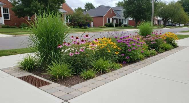 urban bioswale integrated into sidewalk, native rain garden plants and grasses, permeable pavement edges, stormwater collection system