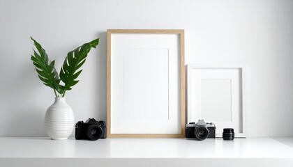 Minimalist Interior Design with Blank Picture Frames and Decorative Elements on White Surface