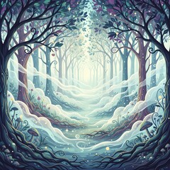Fantasy mystical forest with fog magical landscape illustration
