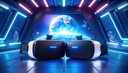 Two Virtual Reality Headsets in a Futuristic Space Station Interior with Earth in Background