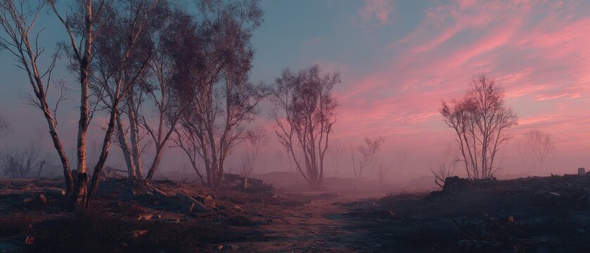 Ethereal Twilight - Bare Trees Silhouetted Against a Vibrant Pink and Teal Gradient Sky with Hazy Atmosphere.