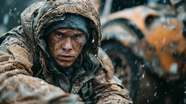Close-up portrait of soldier covered in mud during war. Intense emotion, survival and raw battlefield reality.
