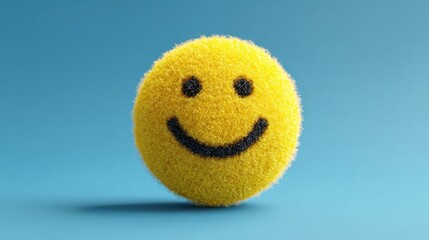 Fluffy Yellow Smiley Face Ball Against a Textured Blue Background.