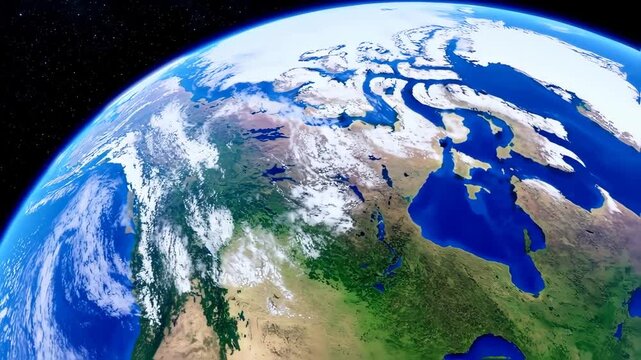 High-angle view of Earth's northern hemisphere, depicting a large swathe of landmasses