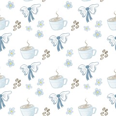 Seamless hand-drawn pattern with coffee cups, blue bows, delicate flowers, and coffee beans. Cute and cozy design in soft pastel colors on a white background. Perfect for caf&eacute; decor, coffee shop brand