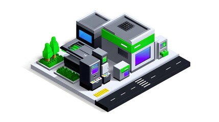 An isometric illust n depicting a futuristic, sustainable urban landscape filled with innovative architectural designs and advanced technological infrastructure.