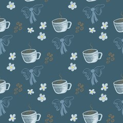 Seamless hand-drawn pattern with coffee cups, blue bows, delicate flowers, and coffee beans. Cute and cozy design in soft pastel colors on a white background. Perfect for caf&eacute; decor, coffee shop brand
