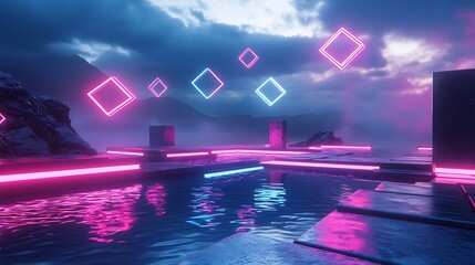 Abstract Neon Landscape with Floating Squares and Glowing Platforms Reflecting in Water Under a Moody Sky