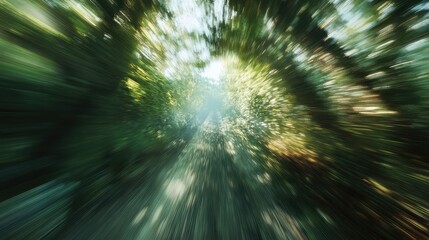 Speed blur light entering dark forest tunnel