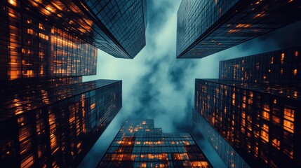 Skyscrapers rising into the dark night sky