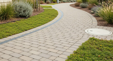permeable interlocking pavers with integrated rain collection channels, native ground cover plants growing between pavers