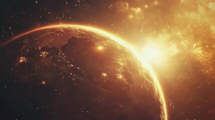 Obraz premium Earth orbiting space with glowing sun rising