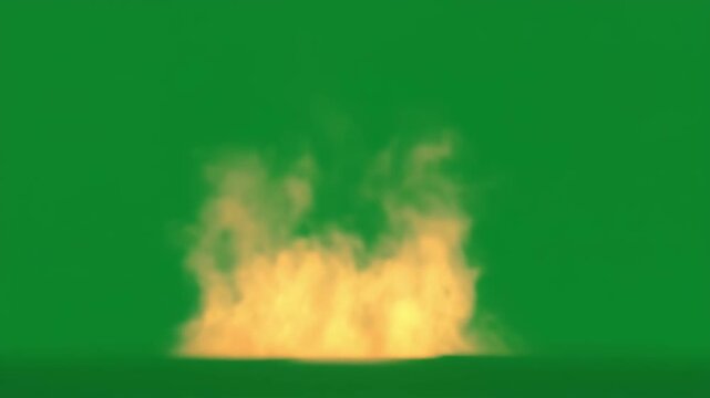 A dynamic and realistic digital animation of a small, controlled bonfire burning brightly against a vibrant green screen background, perfect for visual effects and compositing projects
