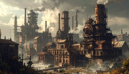 Industrial Ruins Landscape with Smoke Stacks in Overcast Weather Conditions