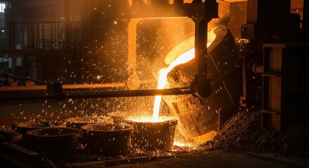 Steel workers pouring molten metal under sparks