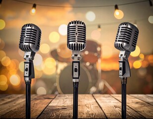 Three Vintage Microphones on Wooden Stage with Blurred Band Background