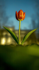 Vibrant red-orange tulip standing tall against a blurred blue-green background, showcasing the flower's rich color and elegant form with soft, impressionistic lighting.