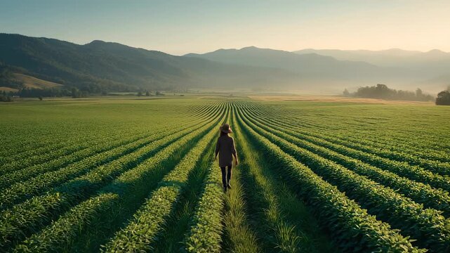 Girl in field walks along green plants. Farm landscape shows crop lines leading to mountain. Woman explores agriculture area. Plant rows fill farm field. Green field stretches toward landscape.