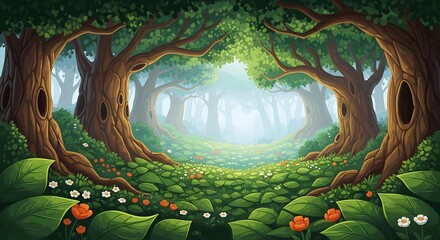 Enchanted Forest with Lush Greenery and Mystical Light Cartoon Illustration