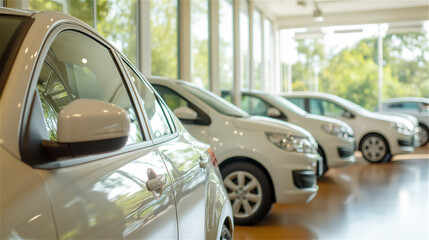 Car dealership interior with multiple vehicles on display. Bright modern showroom with white cars and large windows providing natural light with copy space for automotive sales concepts.