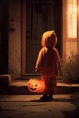 A small child dressed in an orange hooded outfit and carrying a jack-o'-lantern bucket stands on a porch.
