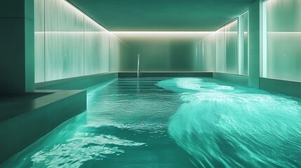 Serene Indoor Swimming Pool with Soothing Waterfall Lighting