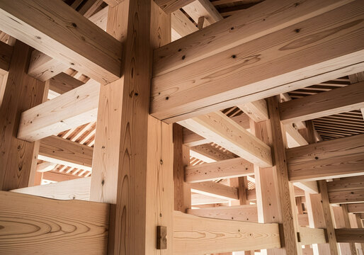 Wooden framework of a traditional japanese house shows the post and beam system
