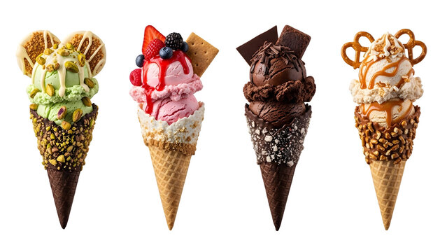 Ice cream cones on isolated background. Generative AI, collection of delicious ice cream in waffle cone, isolated on transparent background cutout, png different flavors mockup for design
