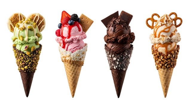 Ice cream cones on isolated background. Generative AI, collection of delicious ice cream in waffle cone, isolated on transparent background cutout, png different flavors mockup for design