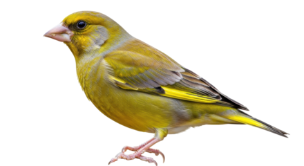Isolated Greenfinch perched naturally, colorful plumage on a songbird with yellow features