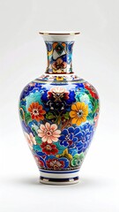 Ornate ceramic vase with colorful floral patterns, set against a bright white backdrop