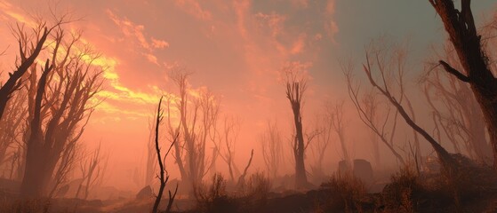 Fiery Haze Engulfs Bare Forest - Stark Silhouettes Against Intense Orange Sky at Dusk.