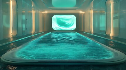 Futuristic Aqua Serenity Room with Glowing Pool and Swirling Energy Portal