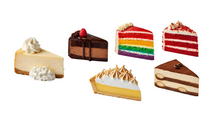 Slice of Cake on plate top view with transparent background, Slice different Cake pieces, close up of cake slices isolated on white background, collection of cake slices