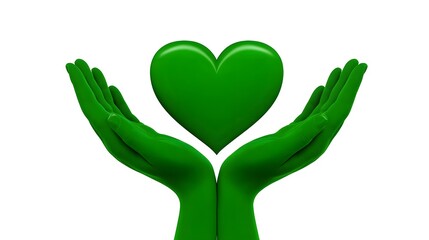 Two green hands gently cradling a vibrant green heart, representing compassion, support, and a holistic approach to wellbeing and connection.