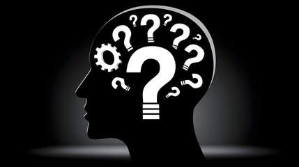 Silhouette of a human head against a dark background, with various question marks and gears representing the complex inner workings of the mind and the process of problem-solving.