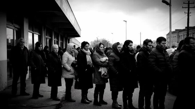 Crowd of People Waiting in Line Outside Building, Black and White