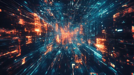 Naklejka premium Digital data stream traversing futuristic server network grid