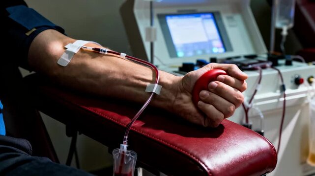 A person donates blood at a medical center, squeezing a stress ball as blood flows through tubes to a machine, a vital process for saving lives and supporting healthcare