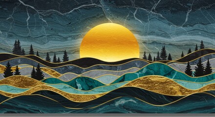 sunset over layered waves with teal and gold textures — abstract landscape illustration