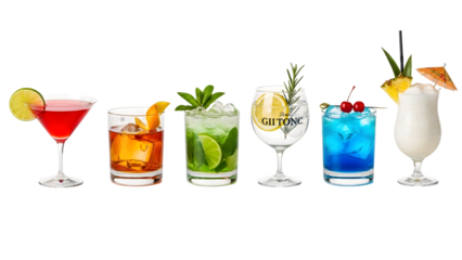 a set of cocktails: gin tonic, blue lagoon, tequila sunrise, iced irish coffee, pina colada, mai tai, cocktail with rum, whiskey, mojito