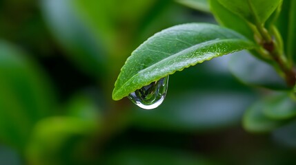 Detailed close-up view of a vibrant green leaf with a single clear water droplet resting on its surface, highlighting the natural beauty and delicate texture of the plant