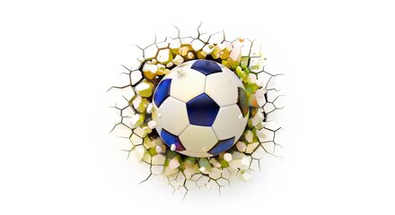 Soccer ball breaking through a wall with colorful debris in an imaginative representation of energy and excitement in sports