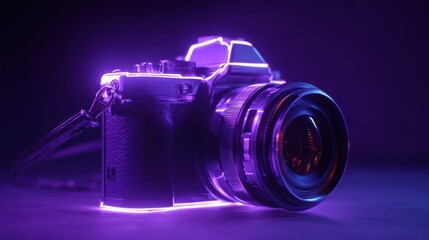 Camera Neon. Close-Up of Camera Body with Neon Purple Lighting Effect