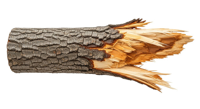 Isolated broken log lying horizontally showing wood splinters, cracked tree bark texture