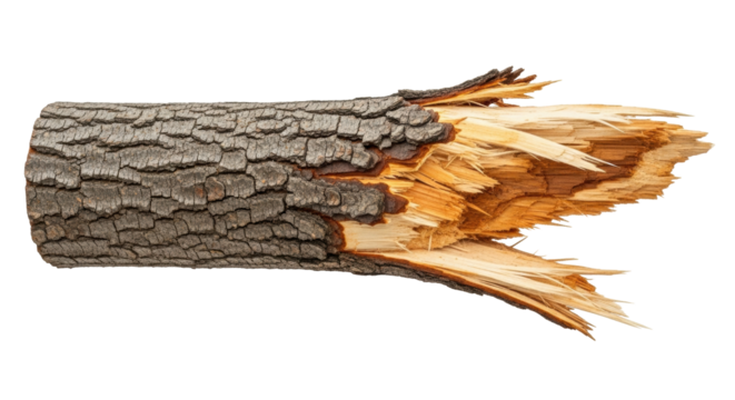 Isolated broken log lying horizontally showing wood splinters, cracked tree bark texture