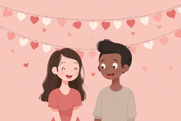 Cartoon interracial couple laughing together while holding a string of paper hearts