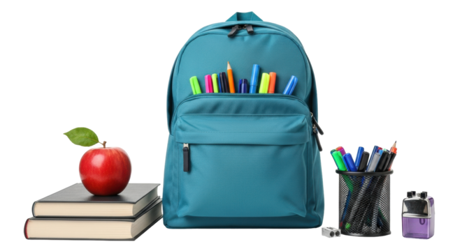 Isolated school backpack, books, apple, and stationery ready for class, a new academic year
