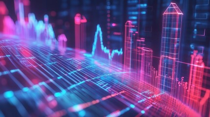 Data analytics displaying financial market and city buildings