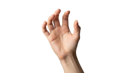 Isolated human hand reaching up, gesturing, palm extended, fingers curved, arm visible